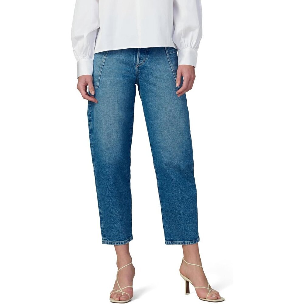 Women's Denim Jeans Stretch Indigo Patch Pockets Barrel Leg Fitted